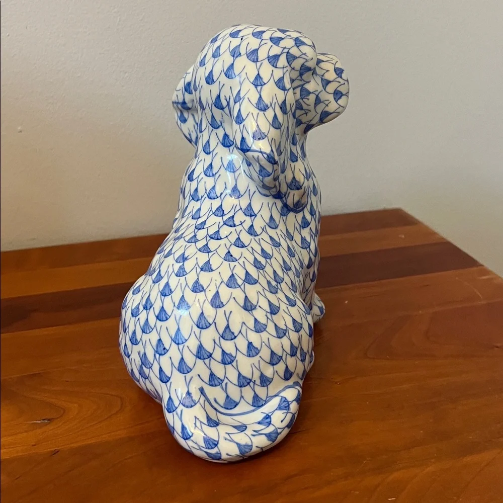 Blue White Fishnet Porcelain Herend Style Dog Vintage Chinoiserie Decor - Picture 5 of 7